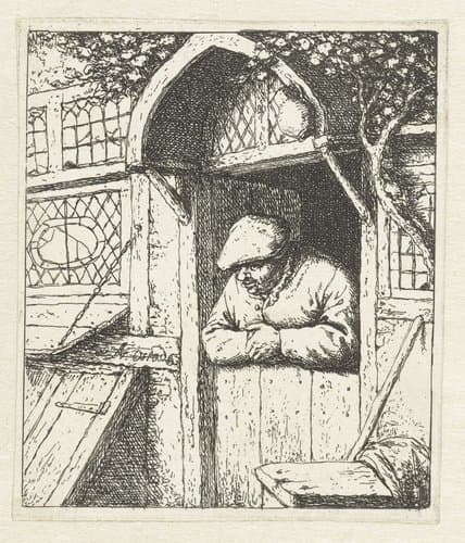 Boer leunend op onderdeur by Adriaen van Ostade