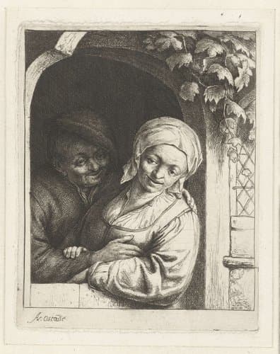 Boer en boerin als liefdespaar in deuropening by Adriaen van Ostade