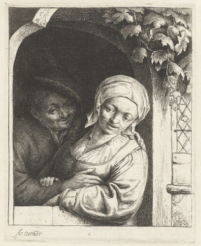 Boer en boerin als liefdespaar in deuropening by Adriaen van Ostade