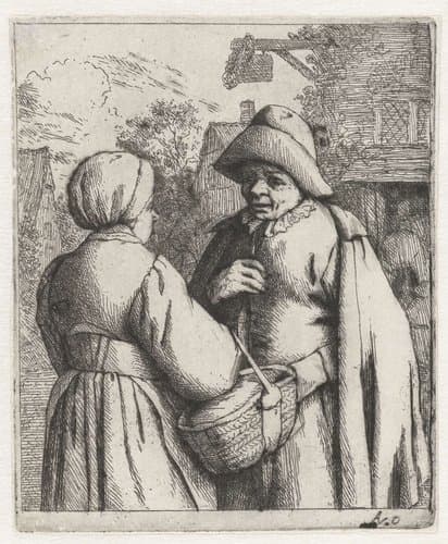 Vrouw en man met elkaar in gesprek by Adriaen van Ostade