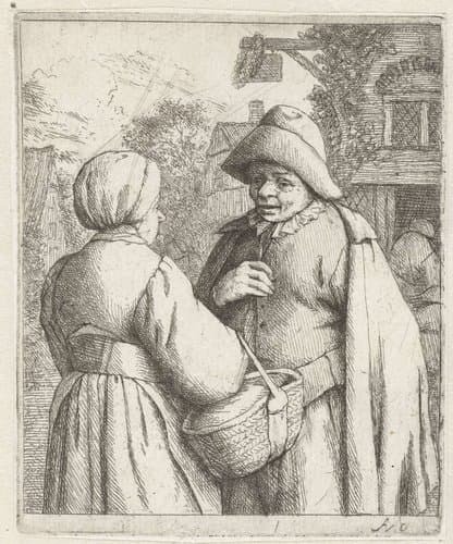 Man en vrouw in gesprek voor een herberg by Adriaen van Ostade