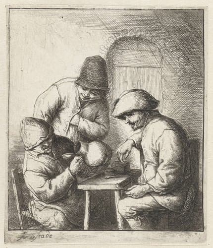 Man kijkt in lege kruik, twee mannen kijken toe by Adriaen van Ostade