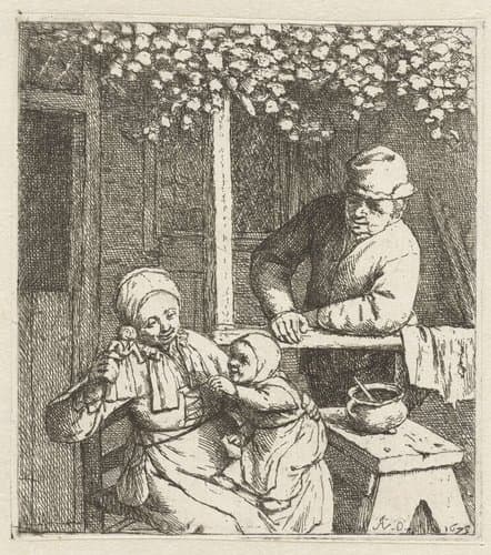 Moeder met kind op schoot dat de hand uitsteekt naar een pop, een man kijkt toe by Adriaen van Ostade