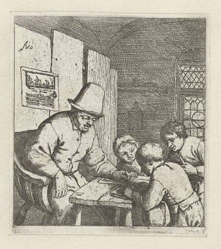 Schoolmeester met drie leerlingen bij een tafel by Adriaen van Ostade