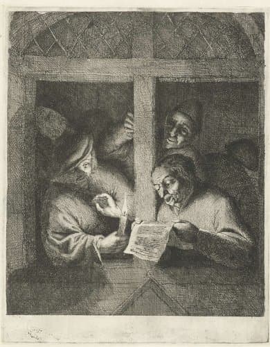 Drie mannen zingen van blad papier bij kaarslicht in open raam by Adriaen van Ostade