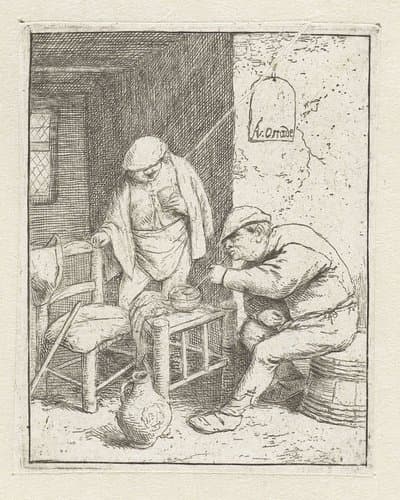 Interieur van een herberg met man die pijp aansteekt en man met glas in zijn hand by Adriaen van Ostade