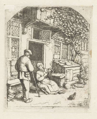 Spinster zittend op de drempel van een huis in gesprek met man by Adriaen van Ostade