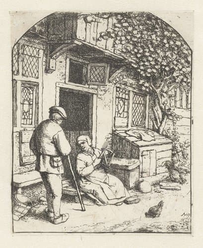 De spinster voor haar deur by Adriaen van Ostade