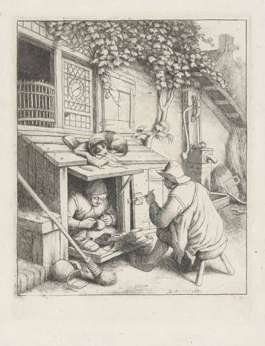 Schoenmaker in winkel voor zijn huis en een klant by Adriaen van Ostade