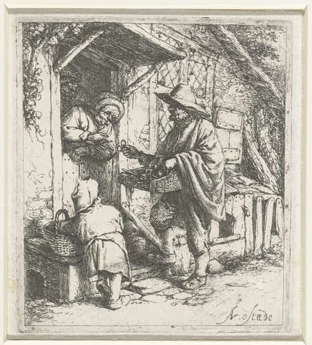 Brillenverkoper en een oude vrouw by Adriaen van Ostade