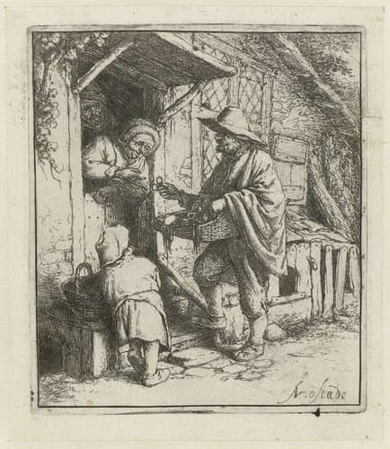 Brillen verkoper en een oude vrouw by Adriaen van Ostade