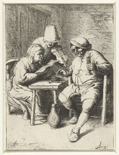 Vioolspeler bij een paar aan tafel by Adriaen van Ostade