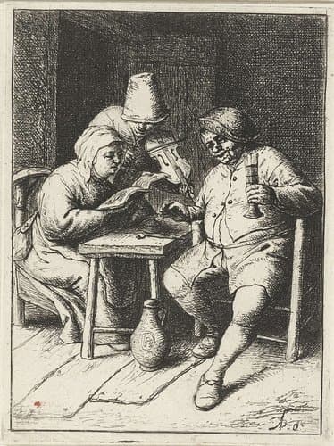 Vioolspeler bij een paar aan tafel by Adriaen van Ostade