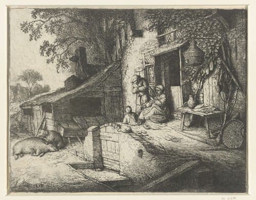 Spinnende vrouw voor een huis by Adriaen van Ostade