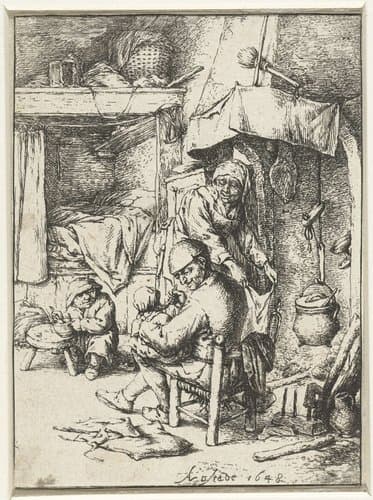 Vader met kind op schoot in interieur by Adriaen van Ostade