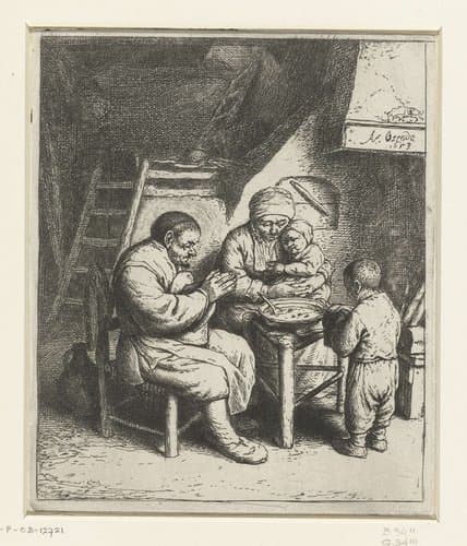 Gezin aan tafel voor de maaltijd by Adriaen van Ostade
