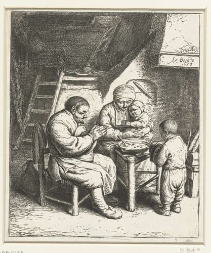 Gezin aan tafel voor de maaltijd by Adriaen van Ostade