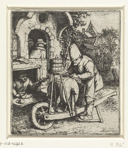 Messenslijper aan het werk bij een schoenmaker by Adriaen van Ostade