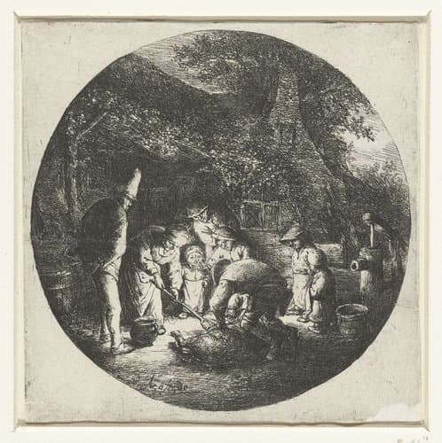 Boerenfamilie bij het slachten van een varken by Adriaen van Ostade