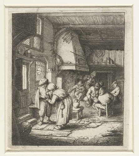 Man betaalt zijn kosten aan vrouw in een herberg by Adriaen van Ostade