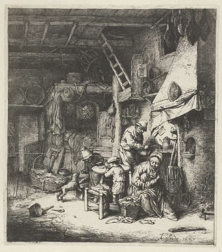 Boerengezin in interieur by Adriaen van Ostade