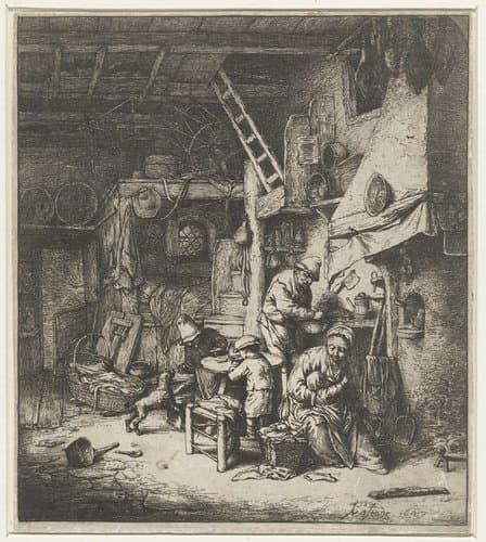 Boerengezin in interieur by Adriaen van Ostade