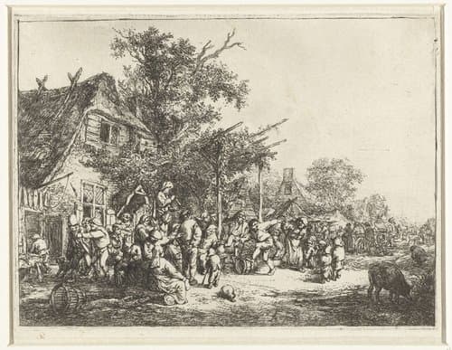 Dansende boeren voor een herberg by Adriaen van Ostade