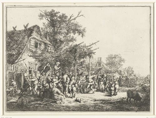 Dansende boeren voor een herberg by Adriaen van Ostade