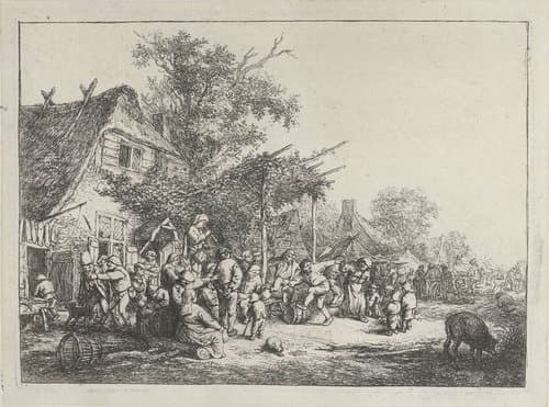 Dansende boeren voor een herberg by Adriaen van Ostade