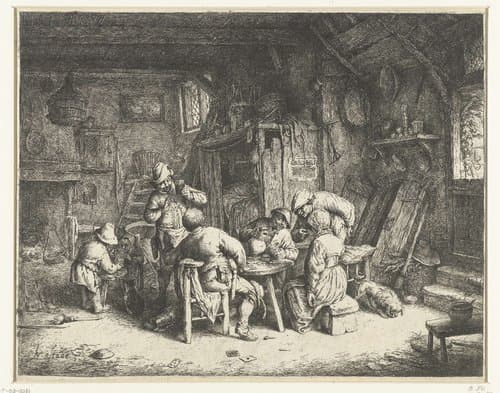 Boeren aan een maaltijd in een herberg by Adriaen van Ostade