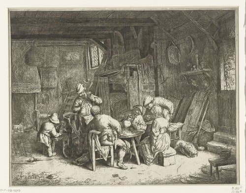 Boeren aan een maaltijd in een herberg by Adriaen van Ostade