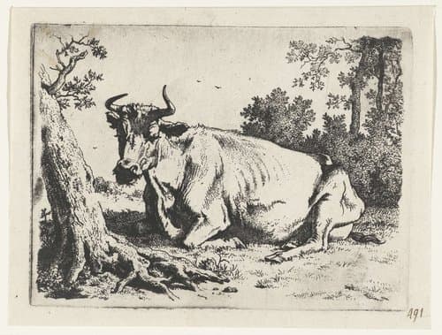 Liggende koe bij een boom by Paulus Potter