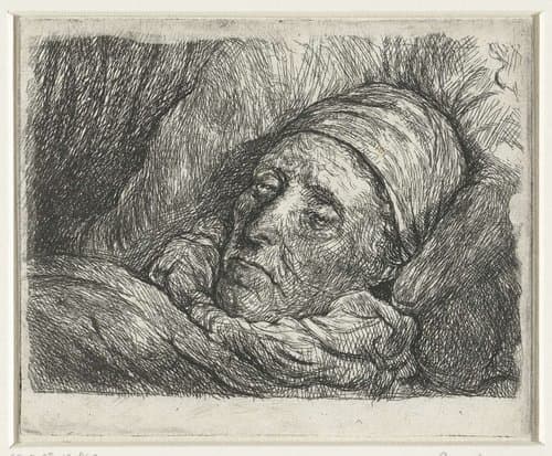 Hoofd van een oude man liggend in bed by anonymous