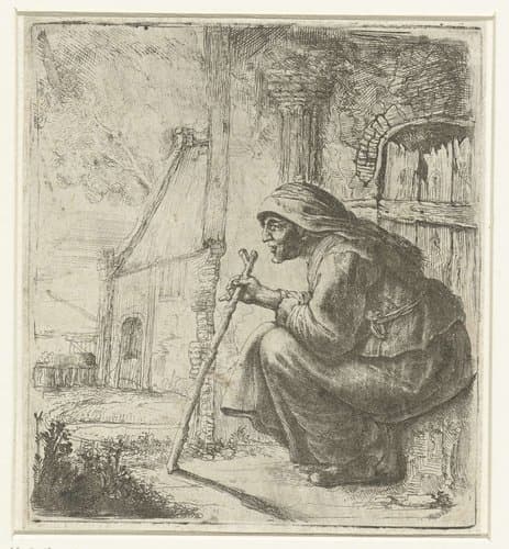 Oude vrouw bij de deur van een schuur by anonymous