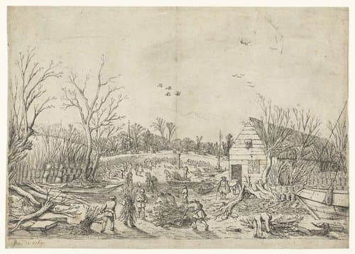 Herstelwerkzaamheden aan de doorgebroken Lekdijk bij 't Waal by Esaias van de Velde
