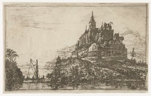Landschap met een rivier en een kasteel op een heuvel