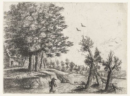 Landschap met een vrouw en een fluitspelende herder