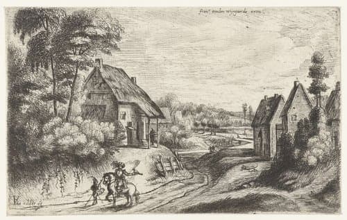 Landschap met twee boerderijen langs een weg by Lodewijk de Vadder
