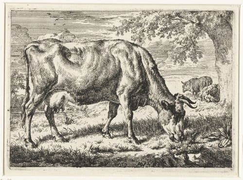 Grazende koe met twee schapen by Adriaen van de Velde