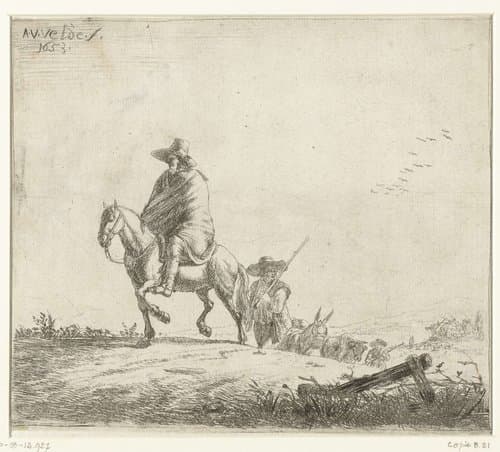 Ruiter en herders met vee op zandweg by anonymous