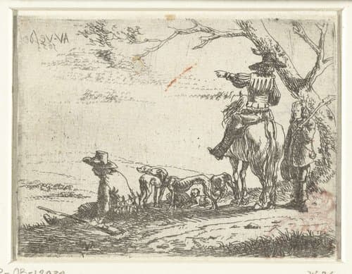 Drie jagers met honden by Adriaen van de Velde