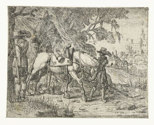 Plassende ruiter bij rustend paard met man en ruiter te paard by Pieter Bodding van Laer