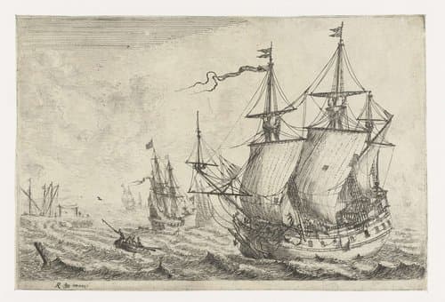 Zeegezicht met verschillende schepen bij een werf by Reinier Nooms