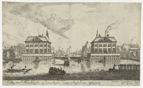 Gezicht op de twee Blokhuizen in de Amstel by Reinier Nooms