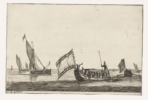 Statensloep en zeilschepen op kalm water by Reinier Nooms