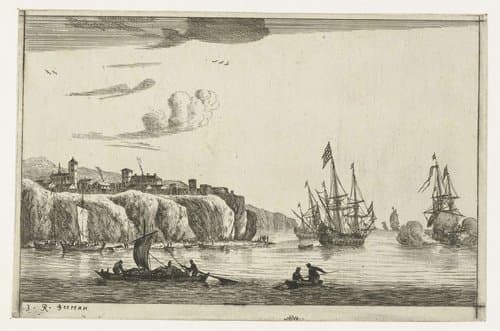 Haven met een dorp op een klif by Reinier Nooms