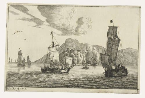 Vissersboten in een baai by Reinier Nooms