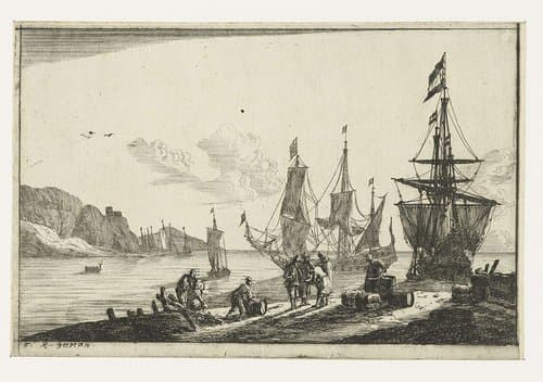 Haven met zeilschepen en zeelieden op de kade by Reinier Nooms