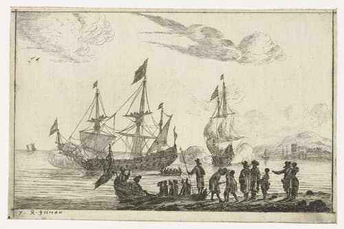 Havenscène met een landingsboot by Reinier Nooms