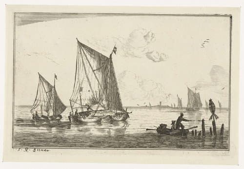 Twee zeilschepen en een roeiboot by Reinier Nooms